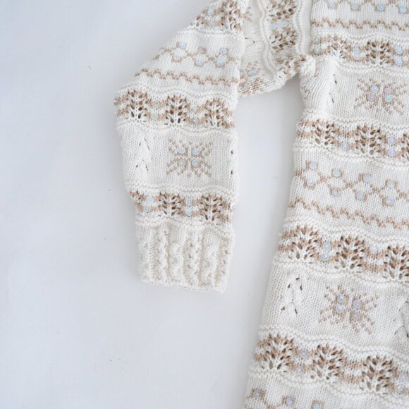 Vintage Liz Sport Cream w Tan Snowflakes Knit Beaded Crewneck Sweater M - Picture 8 of 12